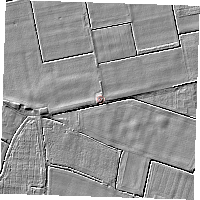 Shaded relief map of the ground around PE344JP, computed from Environment Agency LiDAR. The ground here sits at about 4 m above sea level and falls 4 m across the surrounding 800 m. Surface water reaching this point runs off ground lying to the south-west, 2.3 m higher.