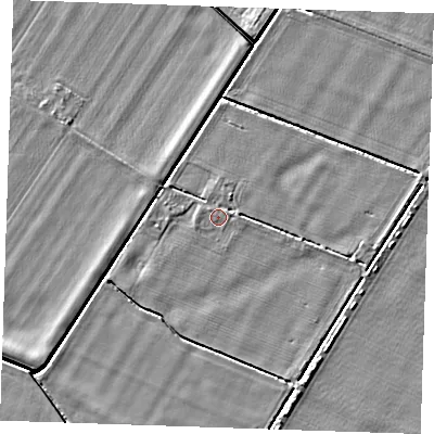Shaded relief map of the ground around PE344JQ, computed from Environment Agency LiDAR. The ground here sits at about 3 m above sea level and falls 4 m across the surrounding 800 m. The ground contributing surface water to this point lies to the north-west.