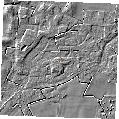 Shaded relief map of the ground around PE344JR, computed from Environment Agency LiDAR. The ground here sits at about 4 m above sea level and falls 5 m across the surrounding 800 m. Surface water reaching this point runs off ground lying to the south, 1.6 m higher.