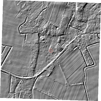 Shaded relief map of the ground around PE344JS, computed from Environment Agency LiDAR. The ground here sits at about 3 m above sea level and falls 3 m across the surrounding 800 m. Surface water reaching this point runs off ground lying to the south-west, 1.8 m higher.