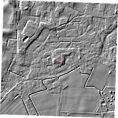Shaded relief map of the ground around PE344JT, computed from Environment Agency LiDAR. The ground here sits at about 4 m above sea level and falls 5 m across the surrounding 800 m. Surface water reaching this point runs off ground lying to the south-south-east, 0.8 m higher.