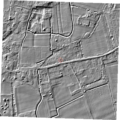 Shaded relief map of the ground around PE344JU, computed from Environment Agency LiDAR. The ground here sits at about 3 m above sea level and falls 4 m across the surrounding 800 m. The ground contributing surface water to this point lies to the south-south-west.