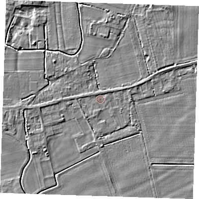 Shaded relief map of the ground around PE344JX, computed from Environment Agency LiDAR. The ground here sits at about 3 m above sea level and falls 4 m across the surrounding 800 m. Surface water reaching this point runs off ground lying to the south-west, 0.8 m higher.