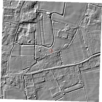 Shaded relief map of the ground around PE344JY, computed from Environment Agency LiDAR. The ground here sits at about 3 m above sea level and falls 4 m across the surrounding 800 m. The ground contributing surface water to this point lies to the south-south-east.