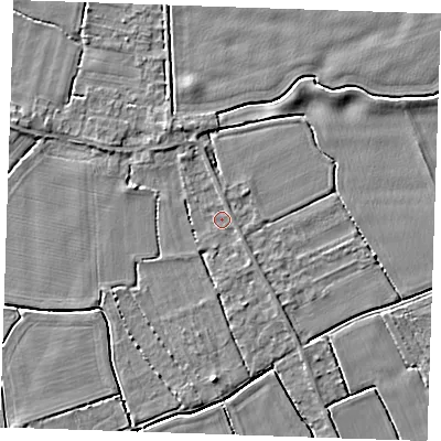 Shaded relief map of the ground around PE344LA, computed from Environment Agency LiDAR. The ground here sits at about 3 m above sea level and falls 4 m across the surrounding 800 m. Surface water reaching this point runs off ground lying to the south-south-east, 1.5 m higher.