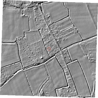 Shaded relief map of the ground around PE344LB, computed from Environment Agency LiDAR. The ground here sits at about 3 m above sea level and falls 4 m across the surrounding 800 m. Surface water reaching this point runs off ground lying to the north, 1.4 m higher.