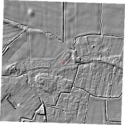 Shaded relief map of the ground around PE344LD, computed from Environment Agency LiDAR. The ground here sits at about 3 m above sea level and falls 4 m across the surrounding 800 m. Surface water reaching this point runs off ground lying to the east-north-east, 0.9 m higher.