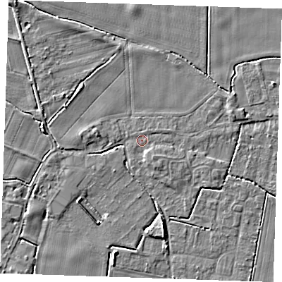 Shaded relief map of the ground around PE344LG, computed from Environment Agency LiDAR. The ground here sits at about 3 m above sea level and falls 4 m across the surrounding 800 m. Surface water reaching this point runs off ground lying to the north, 0.5 m higher.