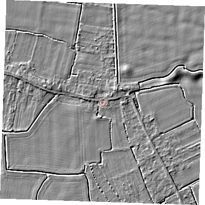 Shaded relief map of the ground around PE344LH, computed from Environment Agency LiDAR. The ground here sits at about 3 m above sea level and falls 4 m across the surrounding 800 m. Surface water reaching this point runs off ground lying to the north-east, 1.9 m higher.