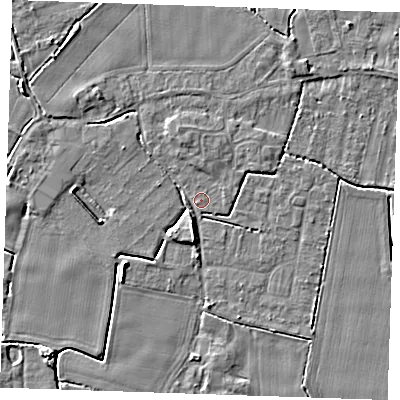 Shaded relief map of the ground around PE344LL, computed from Environment Agency LiDAR. The ground here sits at about 3 m above sea level and falls 4 m across the surrounding 800 m. Surface water reaching this point runs off ground lying to the south-west, 4.0 m higher.