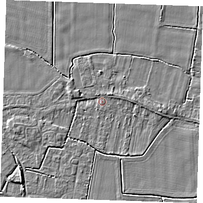 Shaded relief map of the ground around PE344LQ, computed from Environment Agency LiDAR. The ground here sits at about 3 m above sea level and falls 4 m across the surrounding 800 m. Surface water reaching this point runs off ground lying to the north-north-west, 1.2 m higher.