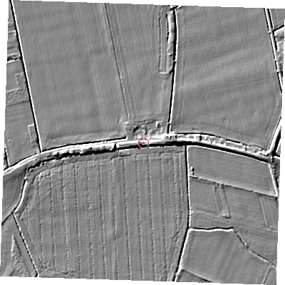 Shaded relief map of the ground around PE344LR, computed from Environment Agency LiDAR. The ground here sits at about 4 m above sea level and falls 4 m across the surrounding 800 m. Surface water reaching this point runs off ground lying to the east-north-east, 2.5 m higher.