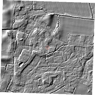 Shaded relief map of the ground around PE344LS, computed from Environment Agency LiDAR. The ground here sits at about 4 m above sea level and falls 5 m across the surrounding 800 m. Surface water reaching this point runs off ground lying to the west-south-west, 1.2 m higher.