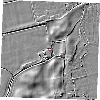 Shaded relief map of the ground around PE344LT, computed from Environment Agency LiDAR. The ground here sits at about 4 m above sea level and falls 5 m across the surrounding 800 m. Surface water reaching this point runs off ground lying to the south-south-west, 4.1 m higher.