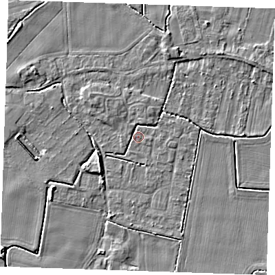 Shaded relief map of the ground around PE344LU, computed from Environment Agency LiDAR. The ground here sits at about 3 m above sea level and falls 4 m across the surrounding 800 m. Surface water reaching this point runs off ground lying to the north, 1.8 m higher.