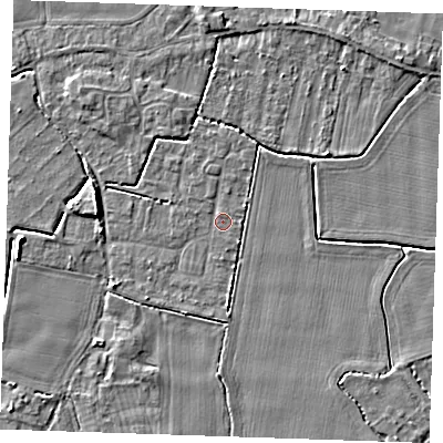 Shaded relief map of the ground around PE344LW, computed from Environment Agency LiDAR. The ground here sits at about 3 m above sea level and falls 4 m across the surrounding 800 m. Surface water reaching this point runs off ground lying to the north-north-east, 2.8 m higher.