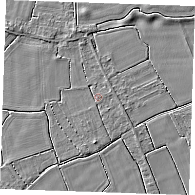 Shaded relief map of the ground around PE344LX, computed from Environment Agency LiDAR. The ground here sits at about 3 m above sea level and falls 4 m across the surrounding 800 m. Surface water reaching this point runs off ground lying to the south-west, 1.1 m higher.
