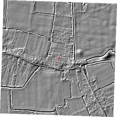 Shaded relief map of the ground around PE344LY, computed from Environment Agency LiDAR. The ground here sits at about 3 m above sea level and falls 3 m across the surrounding 800 m. Surface water reaching this point runs off ground lying to the east-south-east, 1.6 m higher.