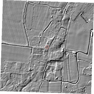 Shaded relief map of the ground around PE344LZ, computed from Environment Agency LiDAR. The ground here sits at about 4 m above sea level and falls 4 m across the surrounding 800 m. Surface water reaching this point runs off ground lying to the east-north-east, 1.2 m higher.