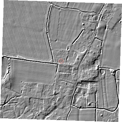 Shaded relief map of the ground around PE344NA, computed from Environment Agency LiDAR. The ground here sits at about 3 m above sea level and falls 4 m across the surrounding 800 m. Surface water reaching this point runs off ground lying to the south, 0.7 m higher.