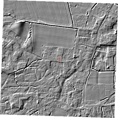 Shaded relief map of the ground around PE344ND, computed from Environment Agency LiDAR. The ground here sits at about 4 m above sea level and falls 4 m across the surrounding 800 m. The ground contributing surface water to this point lies to the north-north-east.