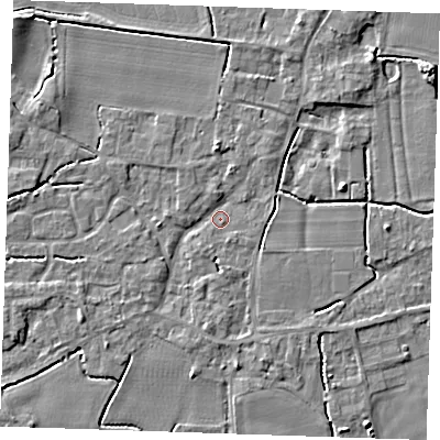 Shaded relief map of the ground around PE344NE, computed from Environment Agency LiDAR. The ground here sits at about 3 m above sea level and falls 4 m across the surrounding 800 m. Surface water reaching this point runs off ground lying to the south, 2.0 m higher.