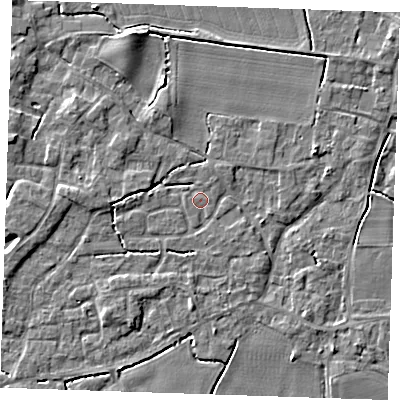 Shaded relief map of the ground around PE344NH, computed from Environment Agency LiDAR. The ground here sits at about 3 m above sea level and falls 4 m across the surrounding 800 m. Surface water reaching this point runs off ground lying to the west, 2.6 m higher.