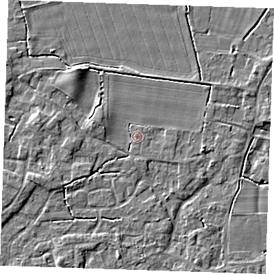 Shaded relief map of the ground around PE344NJ, computed from Environment Agency LiDAR. The ground here sits at about 4 m above sea level and falls 4 m across the surrounding 800 m. Surface water reaching this point runs off ground lying to the south, 1.5 m higher.