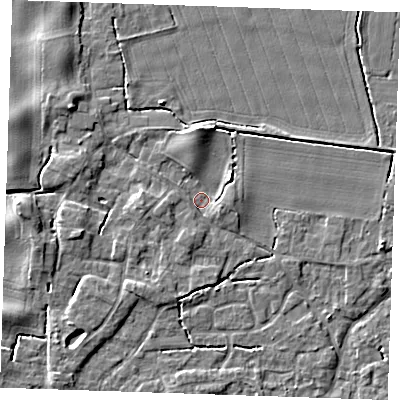 Shaded relief map of the ground around PE344NL, computed from Environment Agency LiDAR. The ground here sits at about 3 m above sea level and falls 4 m across the surrounding 800 m. Surface water reaching this point runs off ground lying to the north-east, 2.8 m higher.