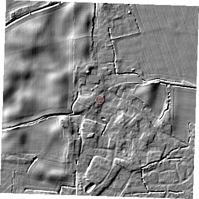 Shaded relief map of the ground around PE344NN, computed from Environment Agency LiDAR. The ground here sits at about 4 m above sea level and falls 5 m across the surrounding 800 m. Surface water reaching this point runs off ground lying to the south, 2.7 m higher.