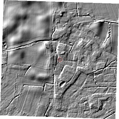 Shaded relief map of the ground around PE344NP, computed from Environment Agency LiDAR. The ground here sits at about 4 m above sea level and falls 5 m across the surrounding 800 m. Surface water reaching this point runs off ground lying to the north-north-east, 1.4 m higher.