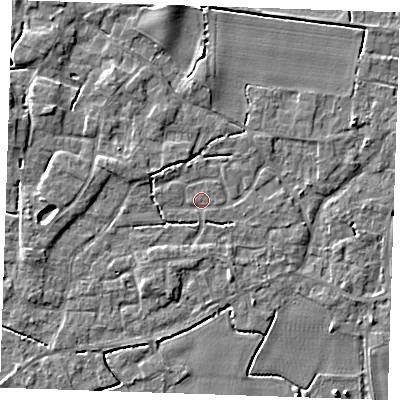Shaded relief map of the ground around PE344NQ, computed from Environment Agency LiDAR. The ground here sits at about 3 m above sea level and falls 4 m across the surrounding 800 m. Surface water reaching this point runs off ground lying to the south, 1.1 m higher.