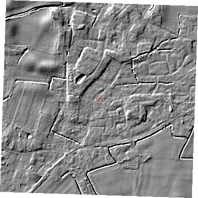 Shaded relief map of the ground around PE344NS, computed from Environment Agency LiDAR. The ground here sits at about 3 m above sea level and falls 5 m across the surrounding 800 m. Surface water reaching this point runs off ground lying to the north-north-east, 2.8 m higher.