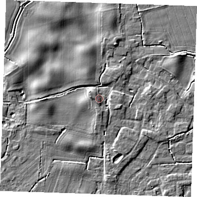Shaded relief map of the ground around PE344NW, computed from Environment Agency LiDAR. The ground here sits at about 5 m above sea level and falls 5 m across the surrounding 800 m. Surface water reaching this point runs off ground lying to the west, 2.9 m higher.