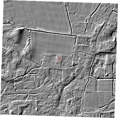 Shaded relief map of the ground around PE344NX, computed from Environment Agency LiDAR. The ground here sits at about 3 m above sea level and falls 4 m across the surrounding 800 m. Surface water reaching this point runs off ground lying to the south-south-east, 0.8 m higher.