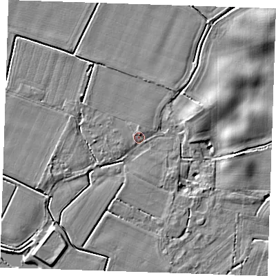 Shaded relief map of the ground around PE344NY, computed from Environment Agency LiDAR. The ground here sits at about 3 m above sea level and falls 5 m across the surrounding 800 m. Surface water reaching this point runs off ground lying to the north-north-east, 2.3 m higher.