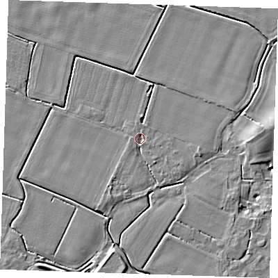 Shaded relief map of the ground around PE344NZ, computed from Environment Agency LiDAR. The ground here sits at about 3 m above sea level and falls 4 m across the surrounding 800 m. Surface water reaching this point runs off ground lying to the west, 1.0 m higher.