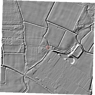 Shaded relief map of the ground around PE344PA, computed from Environment Agency LiDAR. The ground here sits at about 3 m above sea level and falls 5 m across the surrounding 800 m. Surface water reaching this point runs off ground lying to the north, 1.9 m higher.