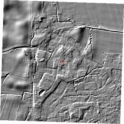 Shaded relief map of the ground around PE344PB, computed from Environment Agency LiDAR. The ground here sits at about 4 m above sea level and falls 4 m across the surrounding 800 m. Surface water reaching this point runs off ground lying to the north-east, 1.5 m higher.