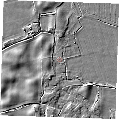 Shaded relief map of the ground around PE344PD, computed from Environment Agency LiDAR. The ground here sits at about 4 m above sea level and falls 5 m across the surrounding 800 m. The ground contributing surface water to this point lies to the west-south-west.