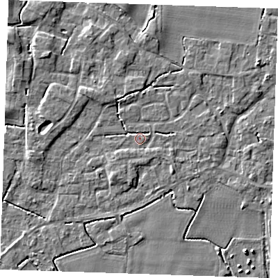 Shaded relief map of the ground around PE344PE, computed from Environment Agency LiDAR. The ground here sits at about 3 m above sea level and falls 4 m across the surrounding 800 m. Surface water reaching this point runs off ground lying to the south-south-west, 2.5 m higher.