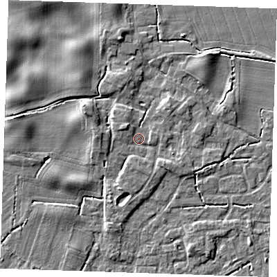 Shaded relief map of the ground around PE344PF, computed from Environment Agency LiDAR. The ground here sits at about 4 m above sea level and falls 4 m across the surrounding 800 m. Surface water reaching this point runs off ground lying to the north-west, 2.2 m higher.