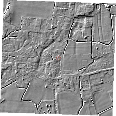 Shaded relief map of the ground around PE344PG, computed from Environment Agency LiDAR. The ground here sits at about 3 m above sea level and falls 4 m across the surrounding 800 m. Surface water reaching this point runs off ground lying to the south-south-west, 2.1 m higher.