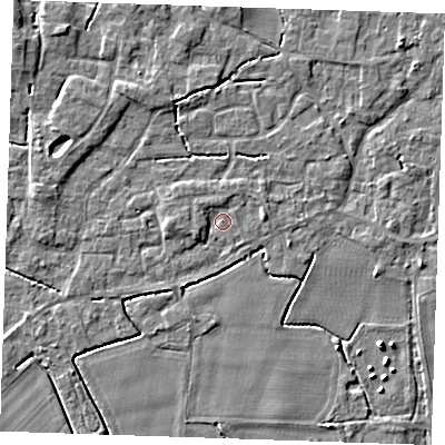 Shaded relief map of the ground around PE344PH, computed from Environment Agency LiDAR. The ground here sits at about 3 m above sea level and falls 4 m across the surrounding 800 m. Surface water reaching this point runs off ground lying to the west-south-west, 1.7 m higher.