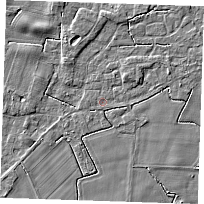 Shaded relief map of the ground around PE344PJ, computed from Environment Agency LiDAR. The ground here sits at about 3 m above sea level and falls 4 m across the surrounding 800 m. Surface water reaching this point runs off ground lying to the east-north-east, 1.8 m higher.