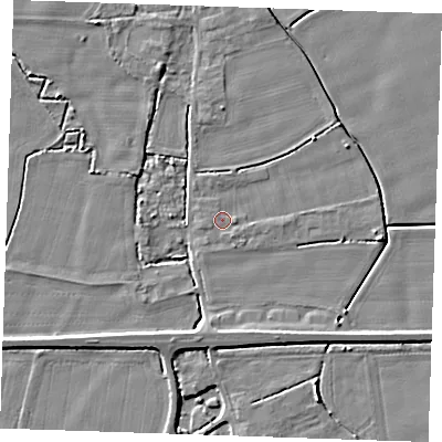 Shaded relief map of the ground around PE344PL, computed from Environment Agency LiDAR. The ground here sits at about 3 m above sea level and falls 5 m across the surrounding 800 m. Surface water reaching this point runs off ground lying to the east-north-east, 1.6 m higher.