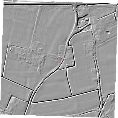 Shaded relief map of the ground around PE344PN, computed from Environment Agency LiDAR. The ground here sits at about 3 m above sea level and falls 5 m across the surrounding 800 m. Surface water reaching this point runs off ground lying to the south-south-west, 1.2 m higher.