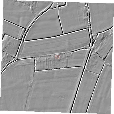 Shaded relief map of the ground around PE344PP, computed from Environment Agency LiDAR. The ground here sits at about 3 m above sea level and falls 3 m across the surrounding 800 m. The ground contributing surface water to this point lies to the north.
