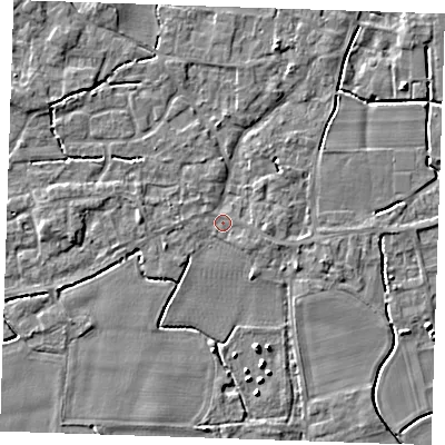 Shaded relief map of the ground around PE344PQ, computed from Environment Agency LiDAR. The ground here sits at about 3 m above sea level and falls 4 m across the surrounding 800 m. Surface water reaching this point runs off ground lying to the east, 2.0 m higher.