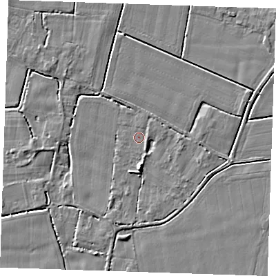 Shaded relief map of the ground around PE344PR, computed from Environment Agency LiDAR. The ground here sits at about 2 m above sea level and falls 5 m across the surrounding 800 m. Surface water reaching this point runs off ground lying to the south, 4.6 m higher.